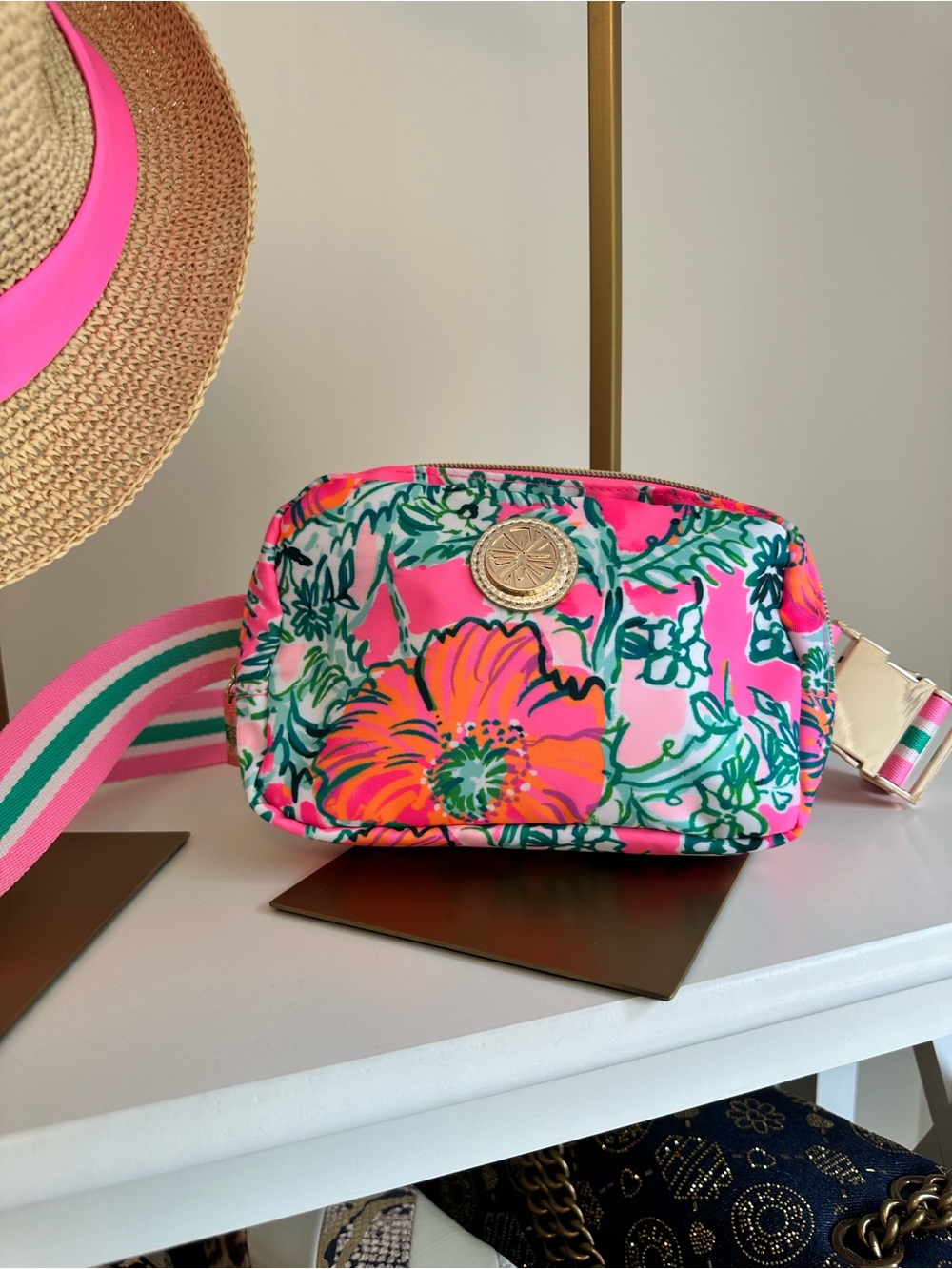 Lilly Pulitzer Pink Floral Crossbody with Multicolor Stripe Strap